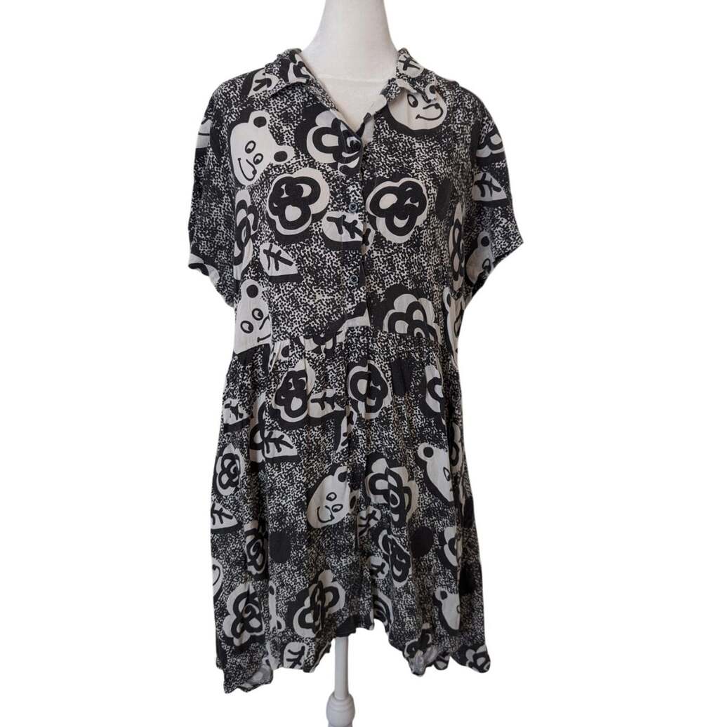 Lazy Oaf Black Cartoon Crying Bear Button Down Shirt Dress M/L